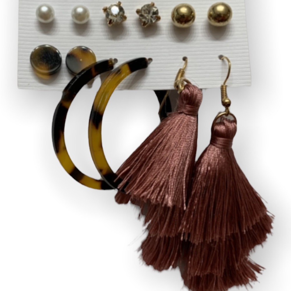 Earrings Faux Pearl Diamond Pink Tassel Gold Tone 6 Pairs - Picture 4 of 4